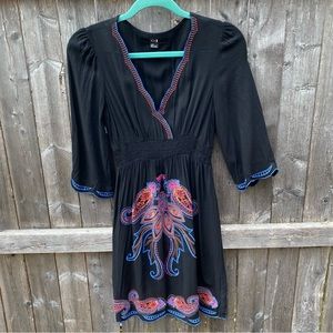 XXI Puff Sleeve Embroidered 3/4 Sleeve Black Smock Stretch Waist V Neck …